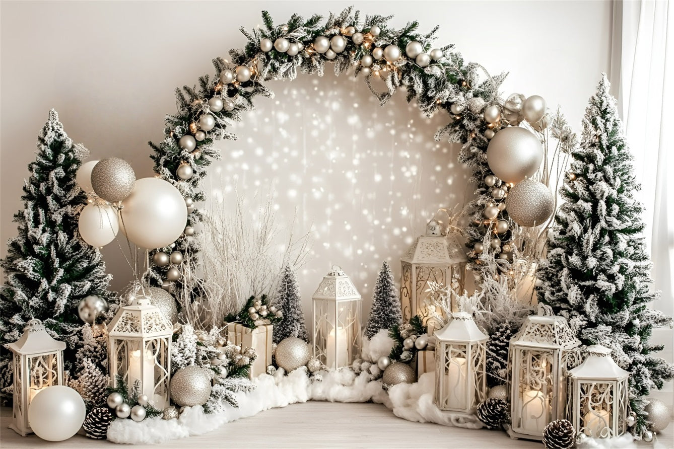 Holiday Photo Backdrop White Lantern Frosted Pine Garland Christmas Photography Backdrops UK GQ58-37