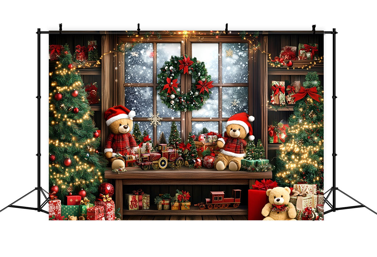 Holiday Photo Backdrop Teddy Train Gift Window Christmas Photography Backdrops UK GQ58-40