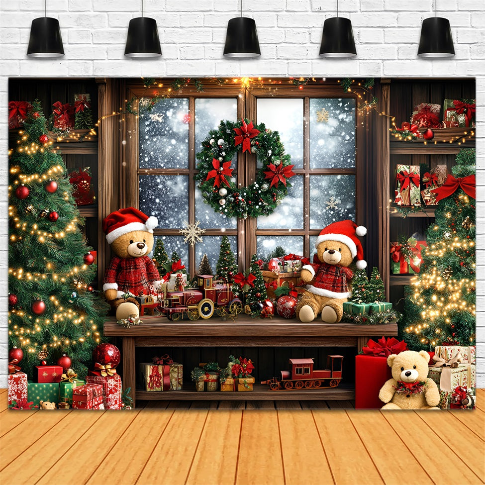 Holiday Photo Backdrop Teddy Train Gift Window Christmas Photography Backdrops UK GQ58-40