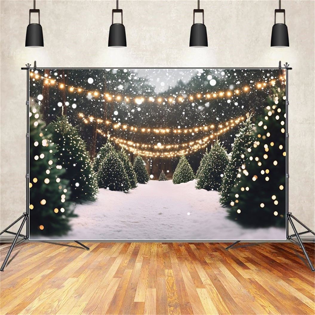 Christmas Tree Farm Backdrop Snowy Pine Lane with Twinkle Lights Professional Christmas Backdrops UK GQ58-48