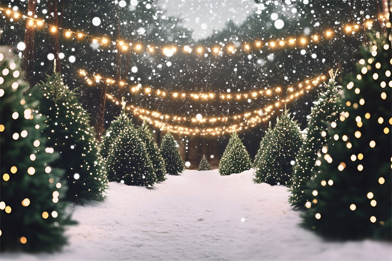 Christmas Tree Farm Backdrop Snowy Pine Lane with Twinkle Lights Professional Christmas Backdrops UK GQ58-48