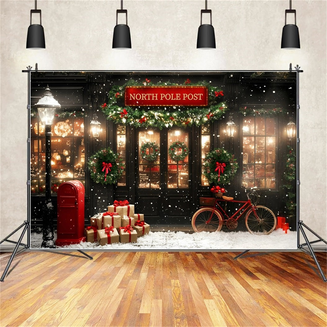 North Pole Backdrop Festive Post Office with Red Bicycle Backdrop Christmas UK GQ58-53