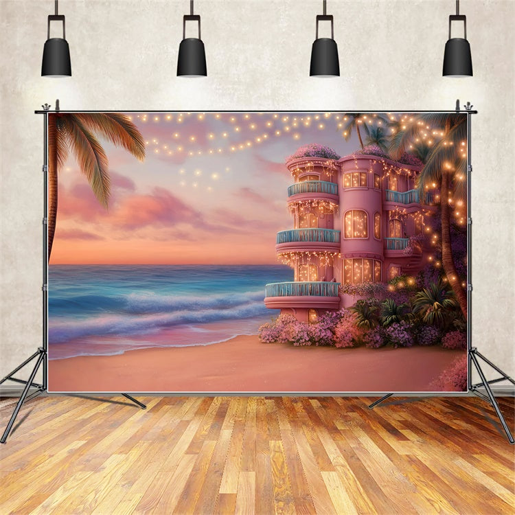 Pink Beach Backdrop Sunset Coastal Villa Summer Backdrop UK GQ6-10