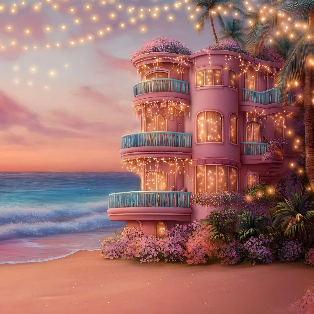 Pink Beach Backdrop Sunset Coastal Villa Summer Backdrop UK GQ6-10