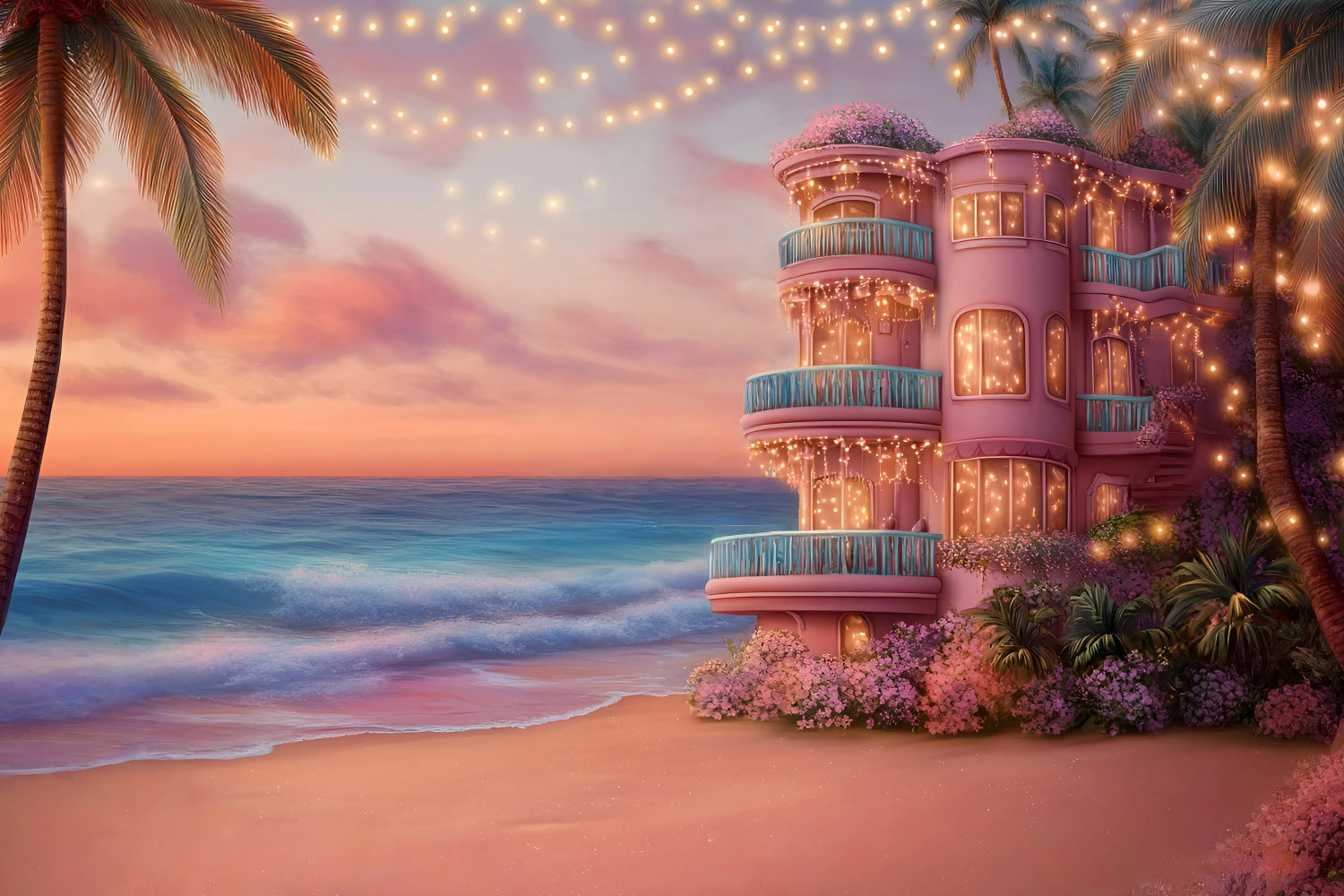 Pink Beach Backdrop Sunset Coastal Villa Summer Backdrop UK GQ6-10