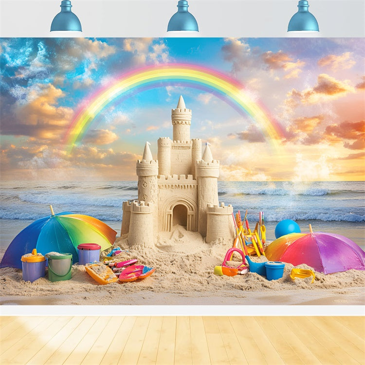 Rainbow Backdrop Sunset Sandcastle Summer Beach Backdrop UK GQ6-17