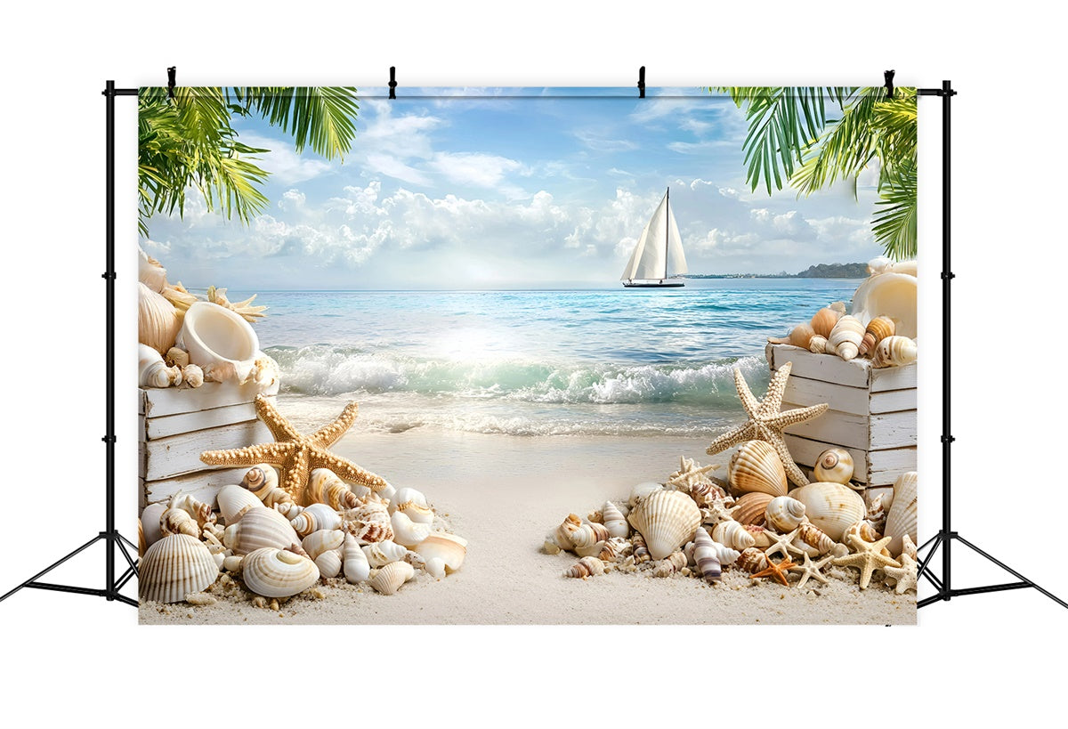 Beach Scene Backdrop Seashell Sailboat Summer Photo Backdrop UK GQ6-3