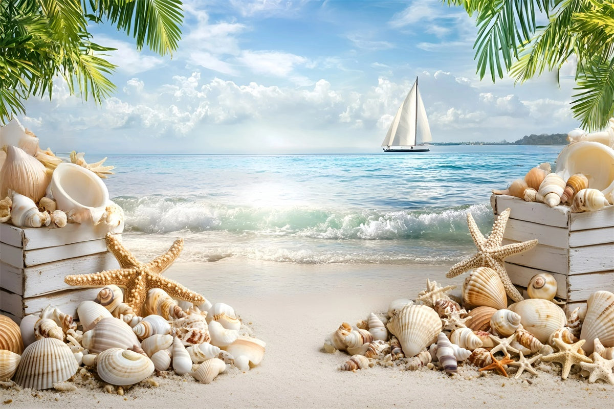 Beach Scene Backdrop Seashell Sailboat Summer Photo Backdrop UK GQ6-3
