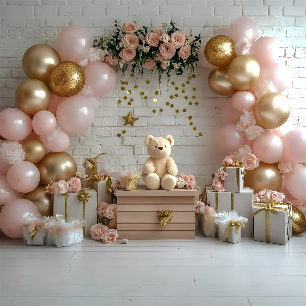 Cake Smash Backdrop Girl Pink Rose Bear Backdrop UK GQ6-322