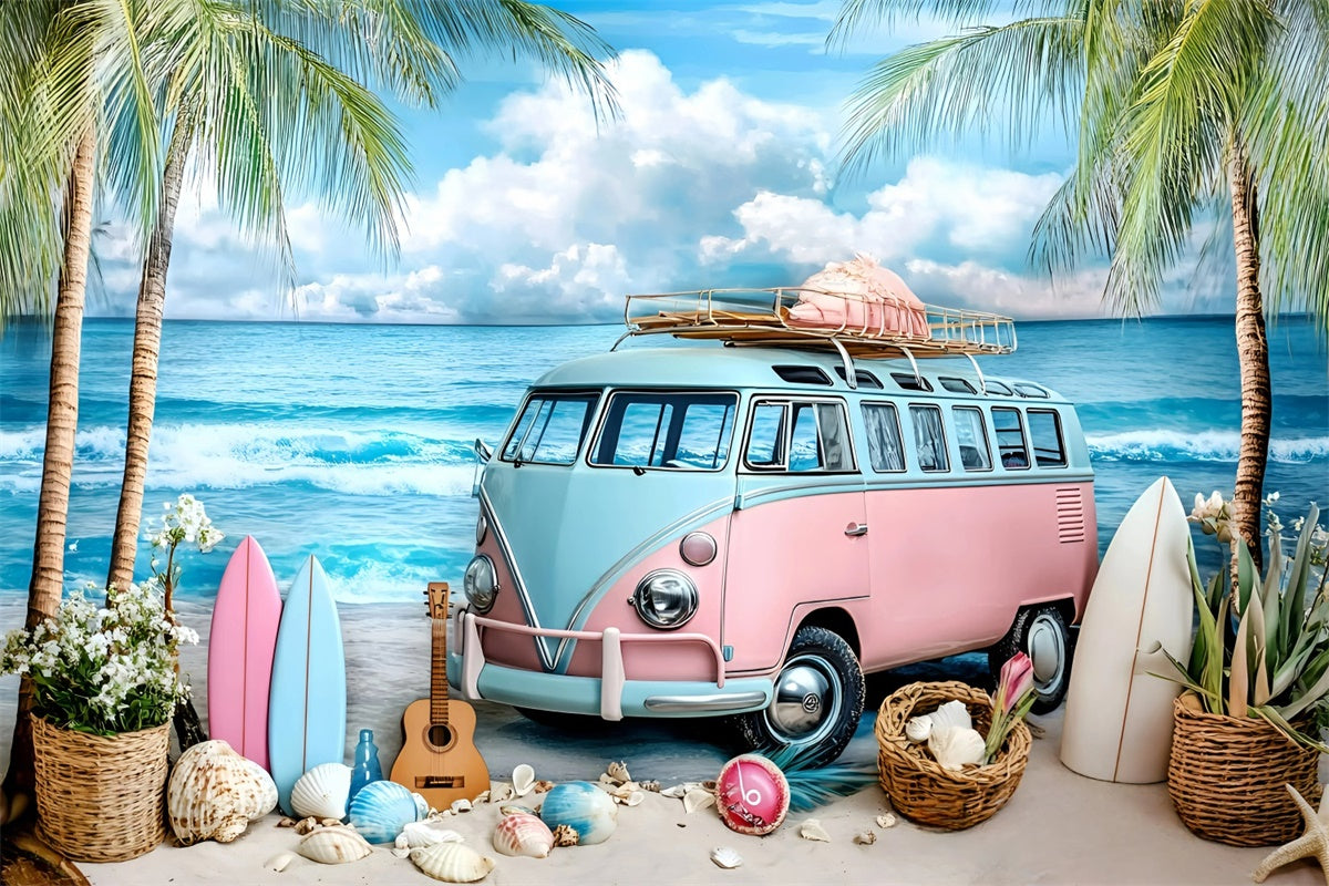 Beach Theme Backdrop Guitar Beach Van Summer Backdrops UK GQ6-7