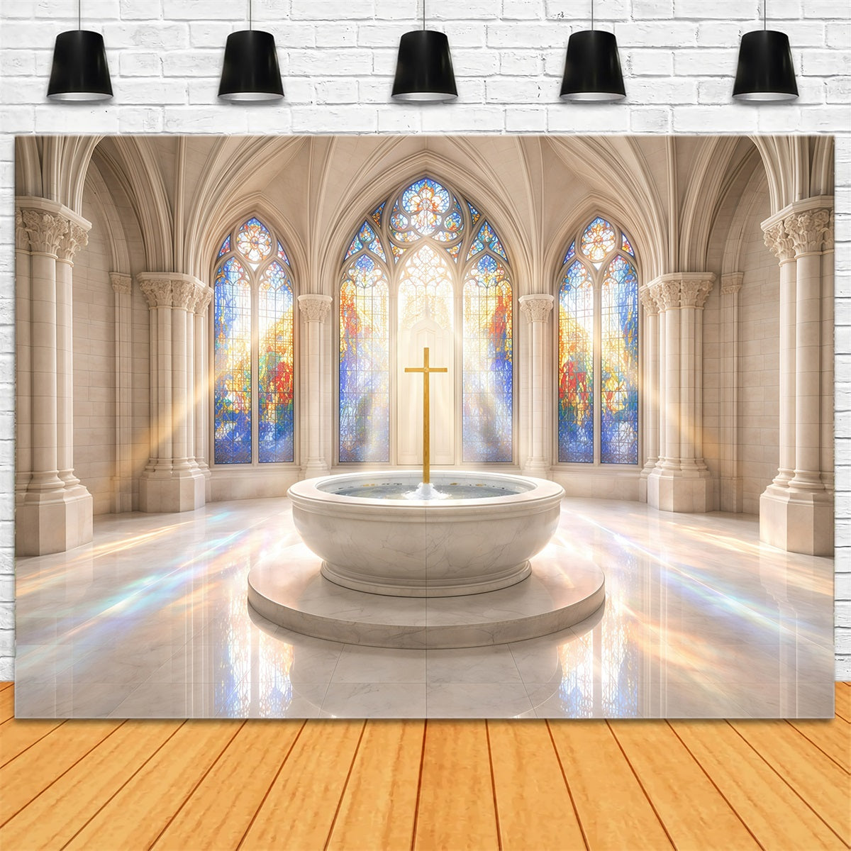 Stained Glass Backdrop Church Hall Window Cross Easter Photoshoot Backdrop UK GQ61-1