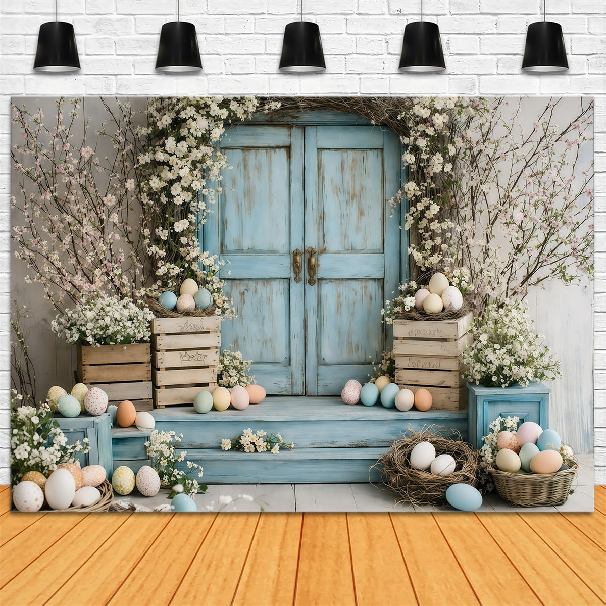 Easter Flower Backdrop Vintage Blue Door Blossoms Backdrops For Easter Pictures UK GQ61-46