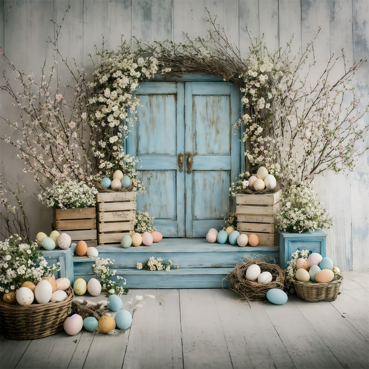 Easter Flower Backdrop Vintage Blue Door Blossoms Backdrops For Easter Pictures UK GQ61-46