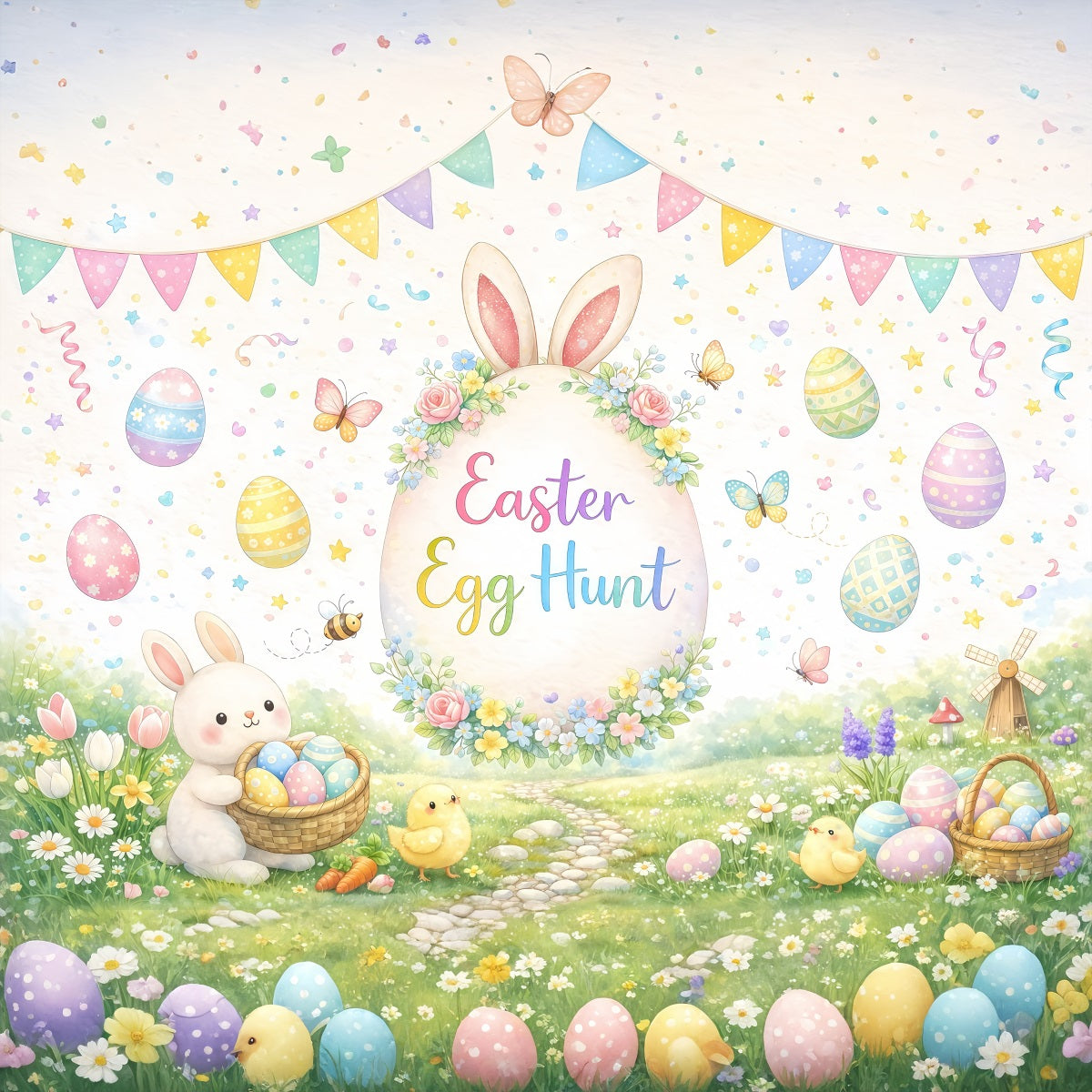 Easter Egg Hunt Backdrop Watercolor Garden Bunny Chicks Easter Themed Backdrops UK GQ61-54