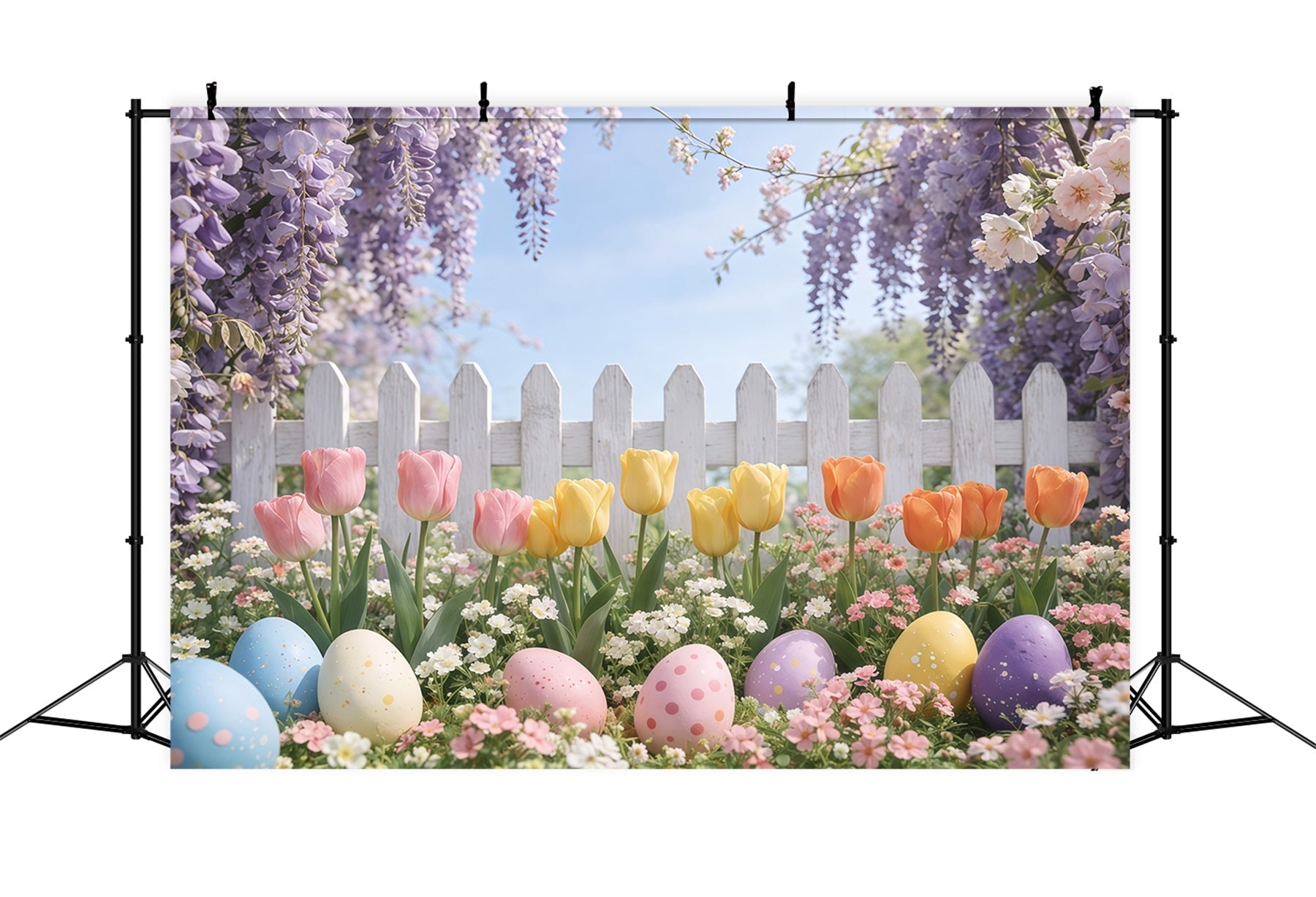 Easter Picket Fence Backdrop Lavender Tulip Garden Egg Easter Pictures Backdrop UK GQ61-60