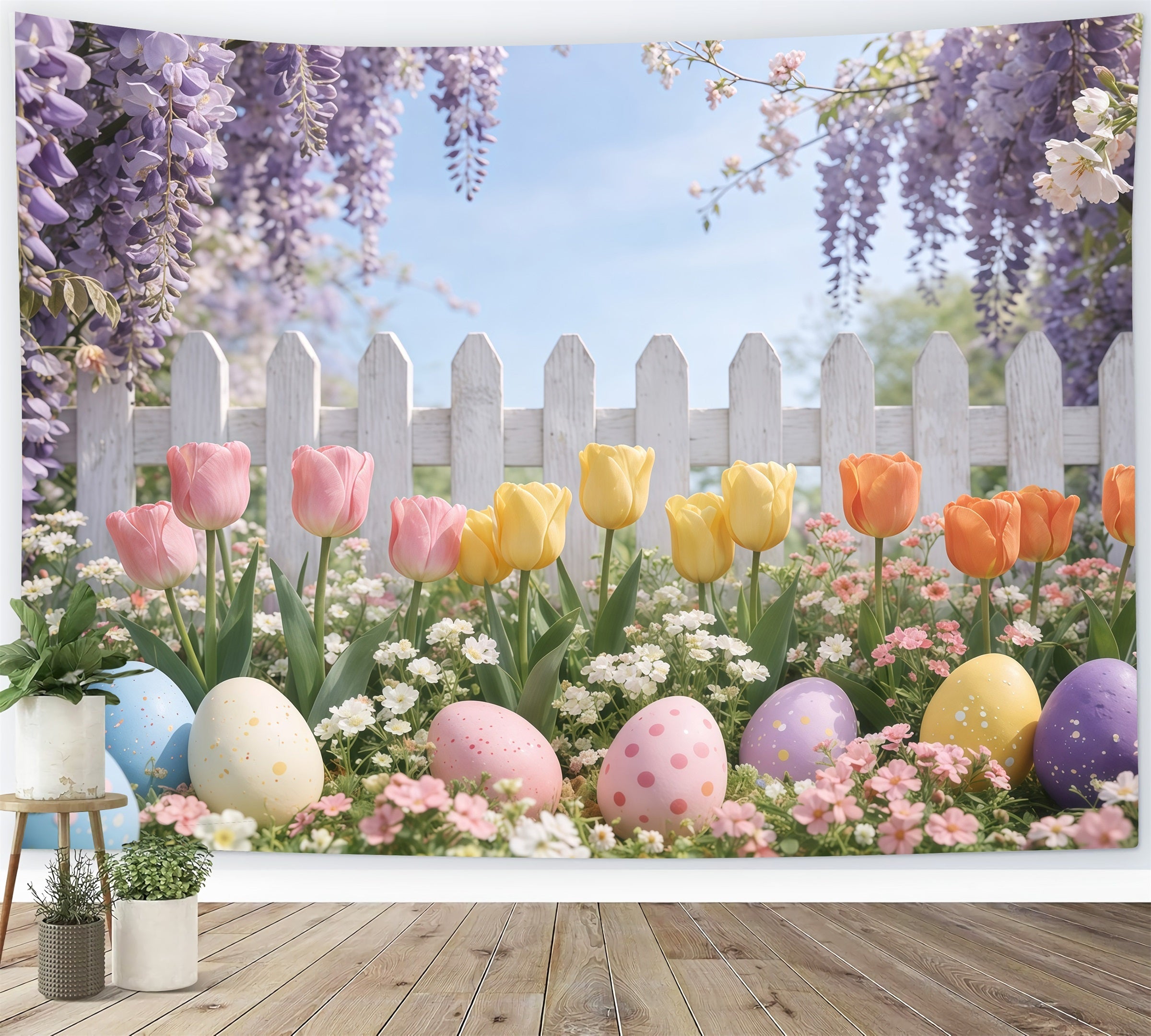 Easter Picket Fence Backdrop Lavender Tulip Garden Egg Easter Pictures Backdrop UK GQ61-60