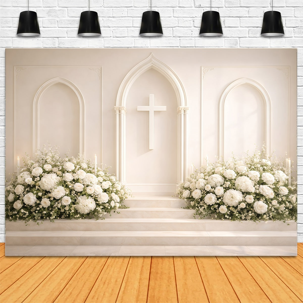 Religious Easter Backdrop White Floral Church Cross Easter Backdrop For Photography UK GQ61-8