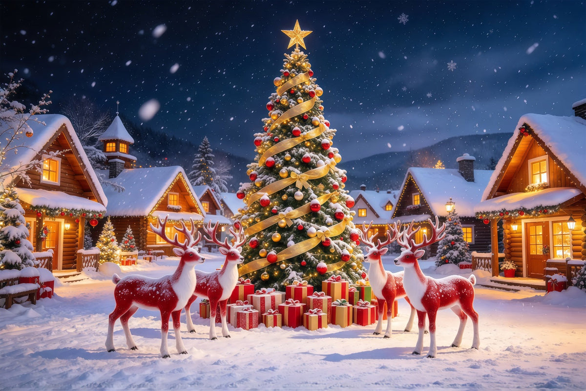 Retro Christmas Backdrop Reindeer Snowy Village Reindeer Photo Backdrop UK GQ610-105