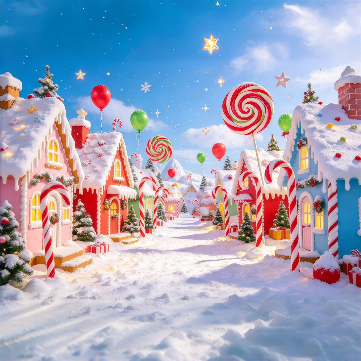 Candyland Christmas Backdrop Giant Lollipop Candy Village Photography Christmas Backdrop UK GQ610-106