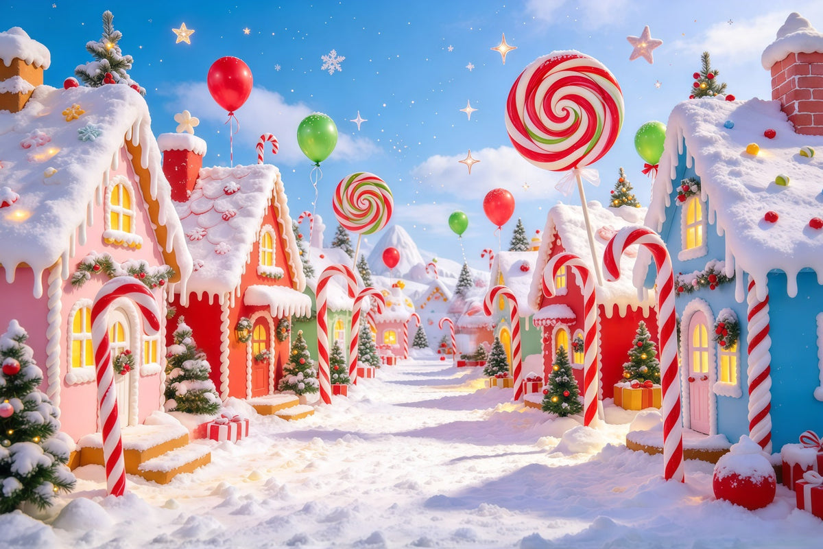 Candyland Christmas Backdrop Giant Lollipop Candy Village Photography Christmas Backdrop UK GQ610-106