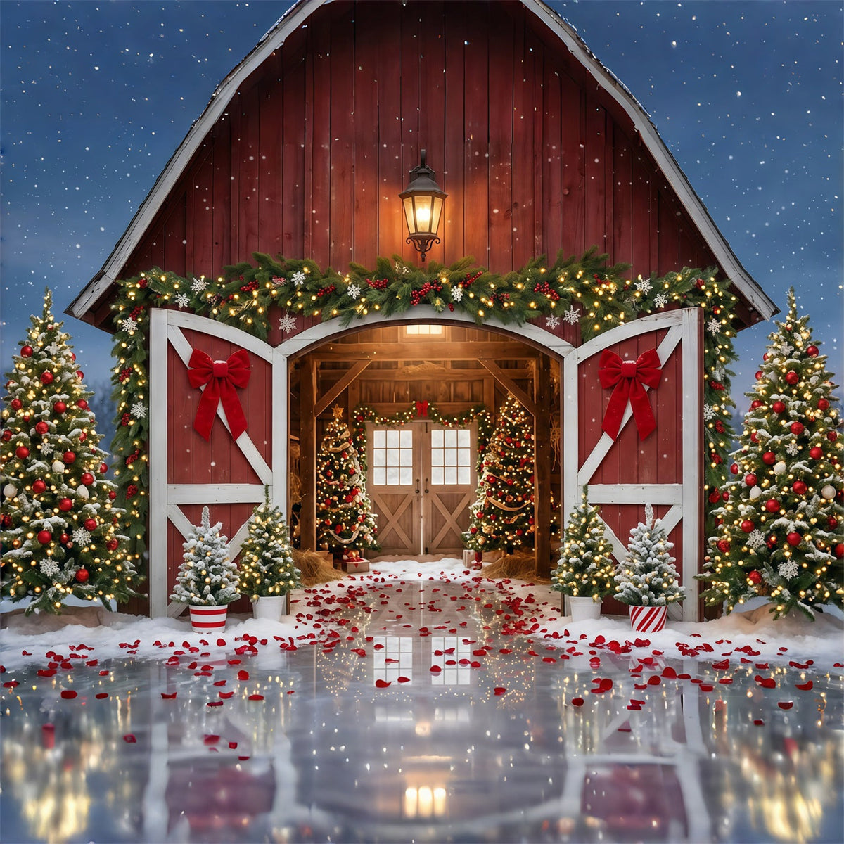 Christmas Tree Farm Backdrop Red Barn Festive Entrance Christmas Studio Backdrops UK GQ610-112