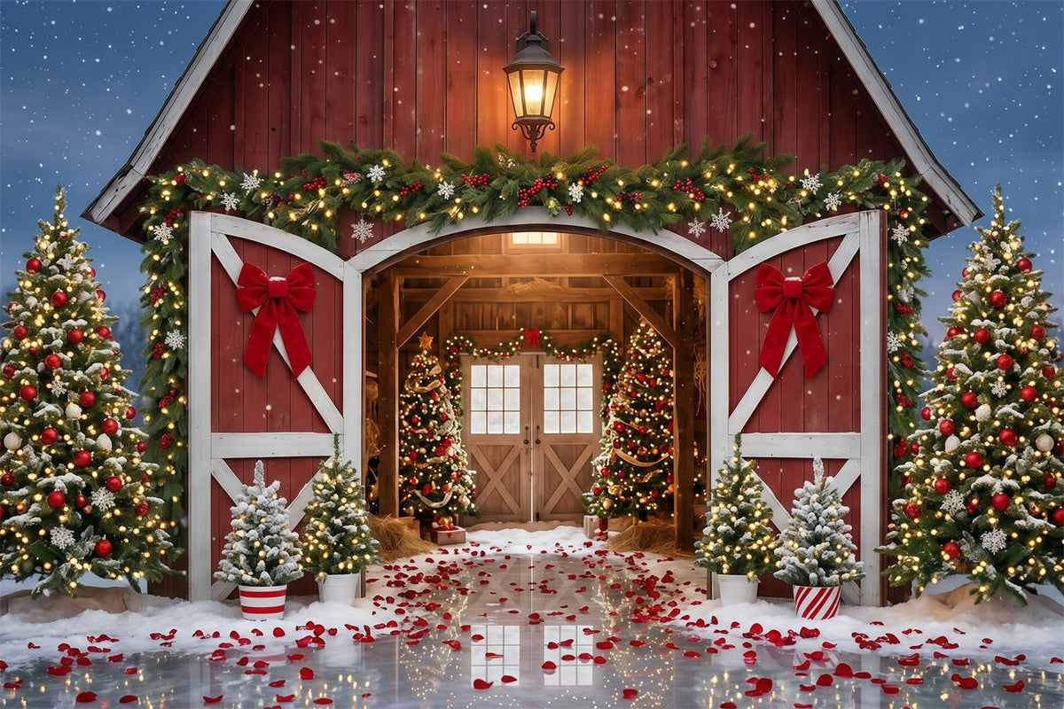 Christmas Tree Farm Backdrop Red Barn Festive Entrance Christmas Studio Backdrops UK GQ610-112