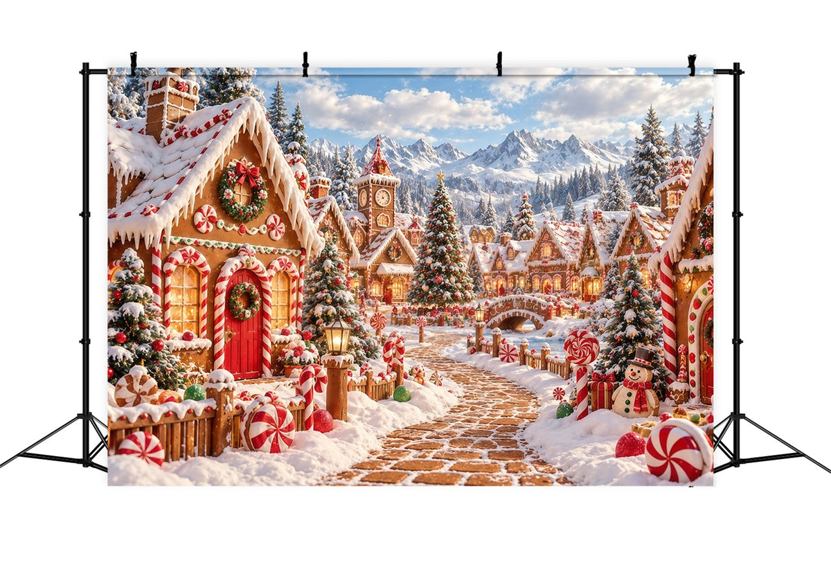 Christmas Gingerbread Backdrop Snowy Candy Village Christmas Backdrop Picture UK GQ610-125