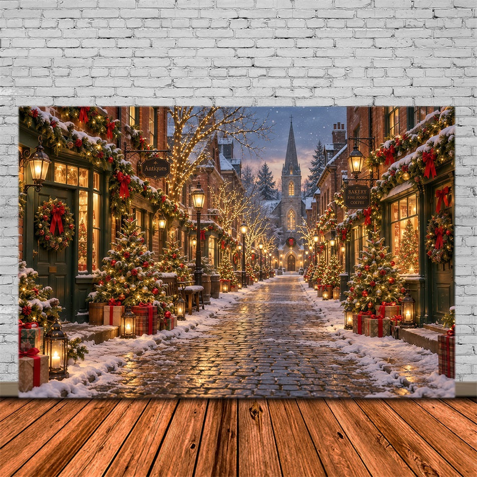 Christmas Village Backdrops Festive Snowy Cobblestone Street Backdrops for Christmas Photos UK GQ610-129