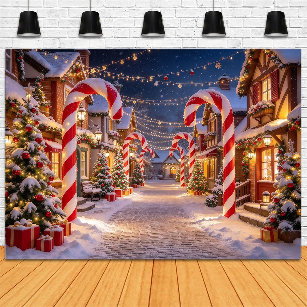 Christmas Village Backdrops Candy Cane Snowy Street Photography Christmas Backdrops UK GQ610-14