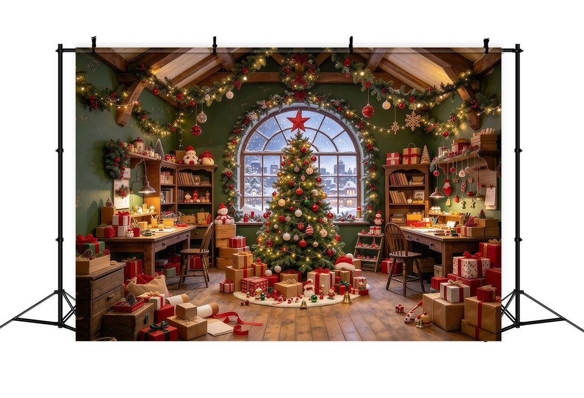 Santa Backdrop Cozy Toy Workshop Interior Christmas Backdrop UK GQ610-2