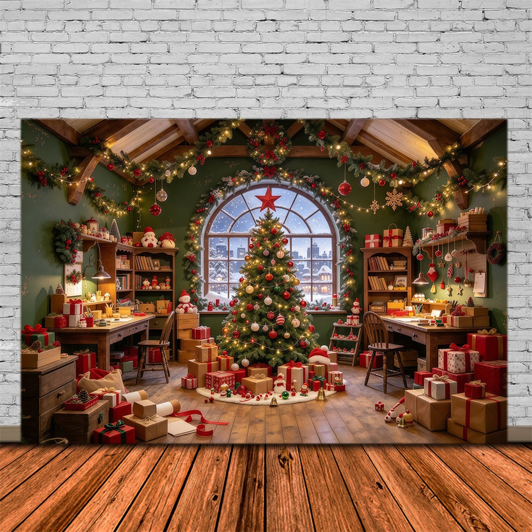 Santa Backdrop Cozy Toy Workshop Interior Christmas Backdrop UK GQ610-2