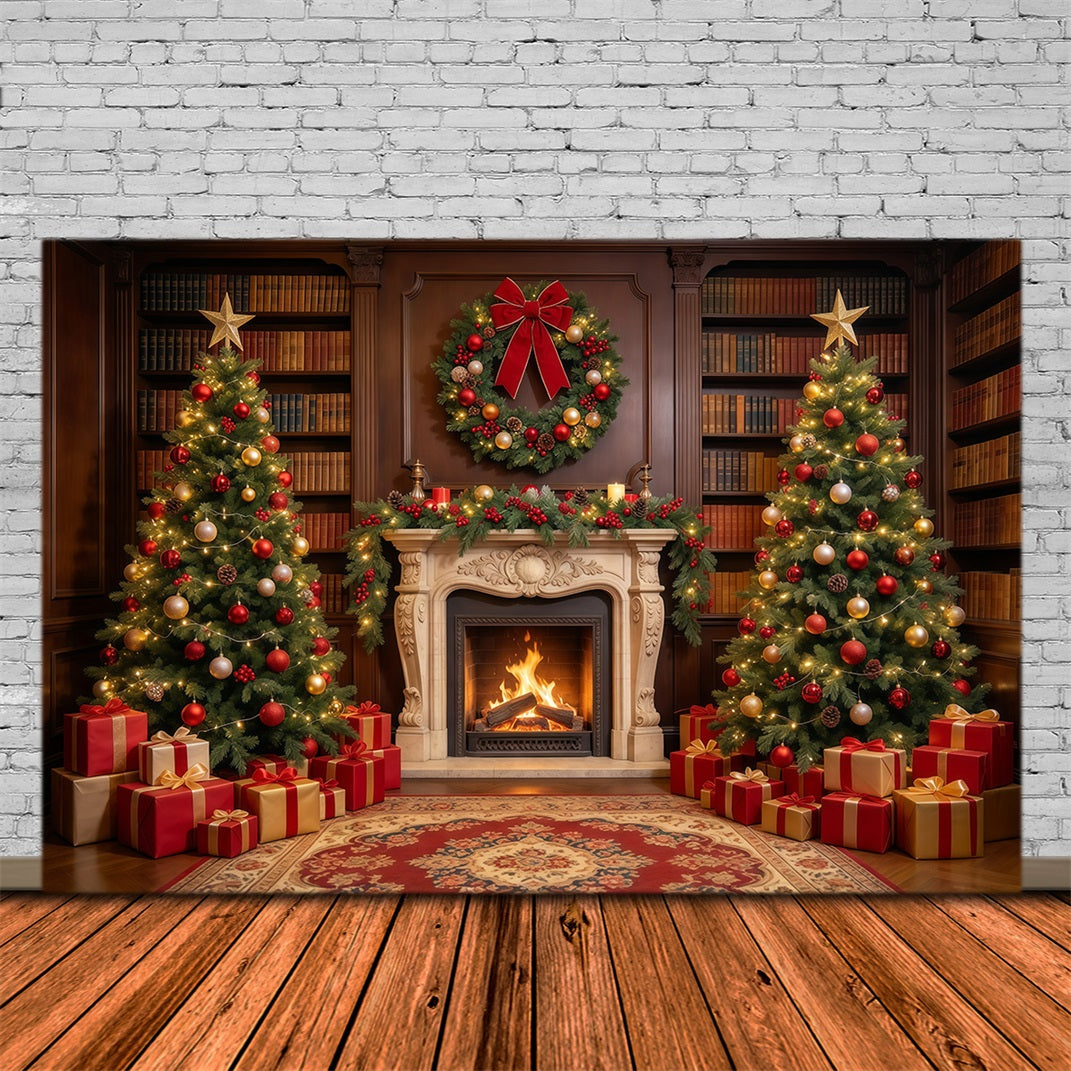 Christmas Backdrops for Photography Ornate Library Display Christmas Fireplace Backdrop UK GQ610-21