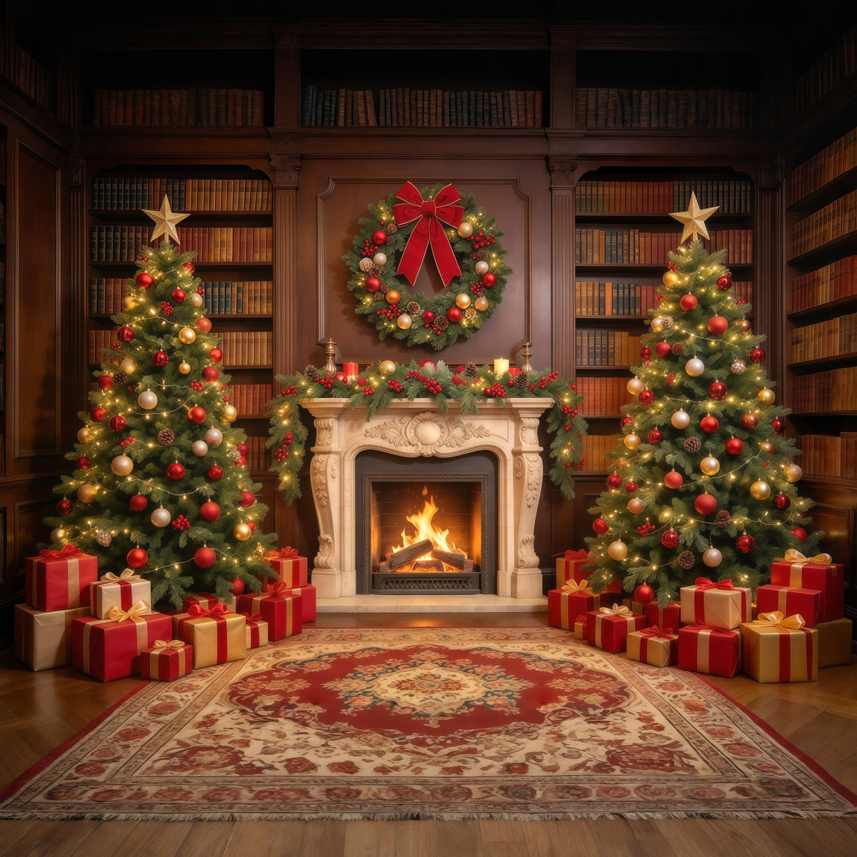 Christmas Backdrops for Photography Ornate Library Display Christmas Fireplace Backdrop UK GQ610-21