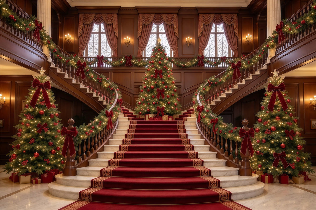 Living Room Christmas Backdrop Marble Staircase Evergreen Elegance Christmas Wall Backdrop UK GQ610-28
