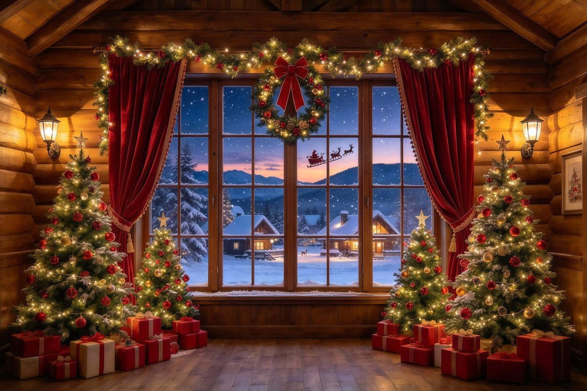 Santa Backdrop Rustic Cabin Sleigh Window Christmas Backdrops UK GQ610-3