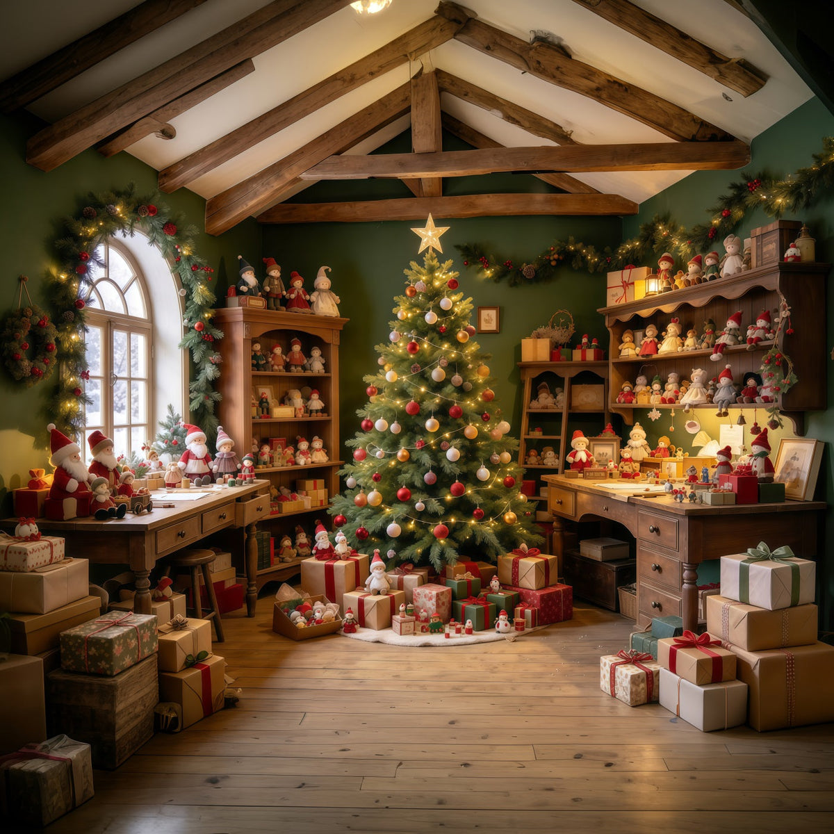 Santa Backdrop Rustic Toy Workshop Display Christmas Backdrop UK GQ610-32
