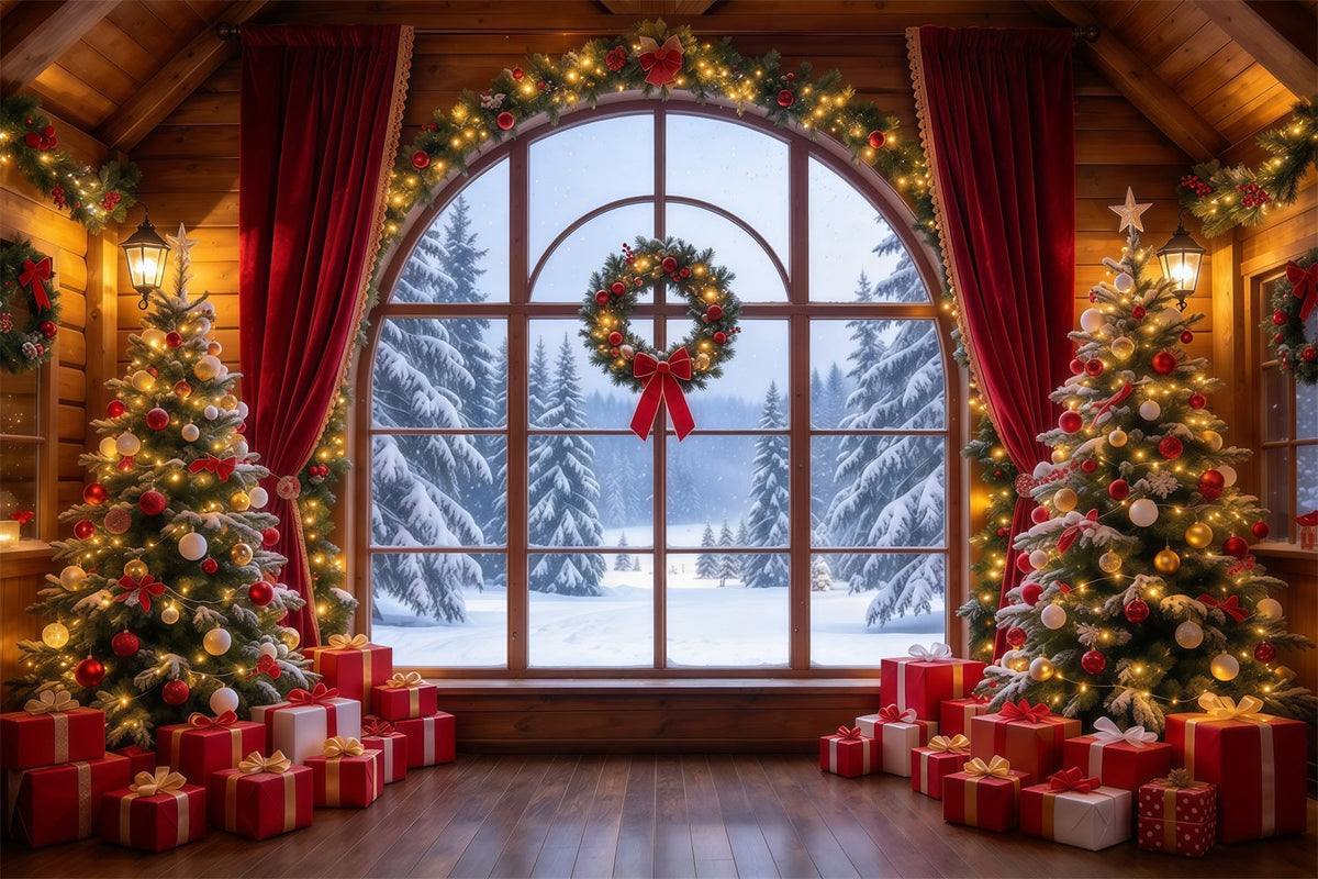 Christmas Backdrops Crimson Curtain Winter Window Christmas Backdrop for Photos UK GQ610-35