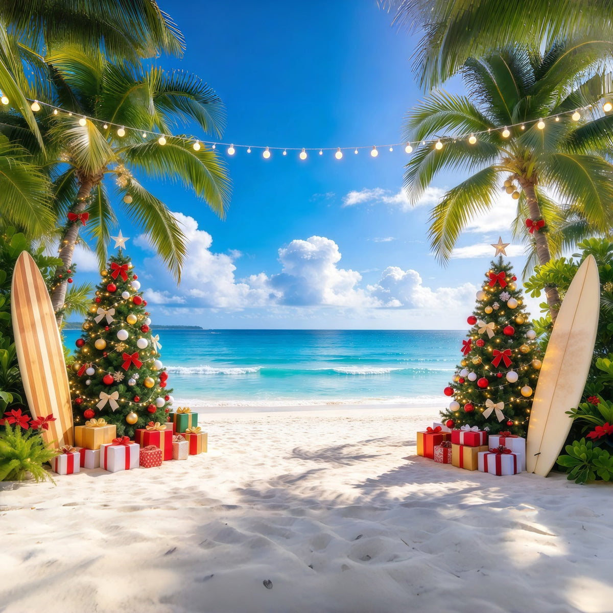 Tropical Christmas Backdrop Palm Tree Surfboard Beach Christmas Backdrops for Photos UK GQ610-37
