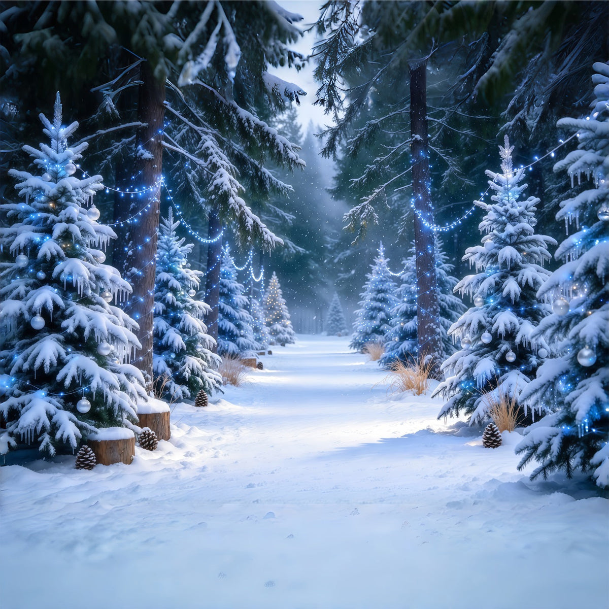 Christmas Tree Farm Backdrop Blue Glow Snowy Pine Forest Christmas Tree Backdrops UK GQ610-46