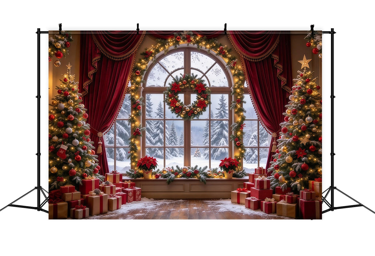 Christmas Backdrops Burgundy Curtain Wreath Window Christmas Backdrop for Photos UK GQ610-5