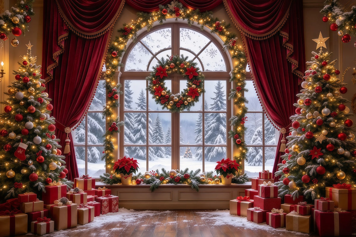 Christmas Backdrops Burgundy Curtain Wreath Window Christmas Backdrop for Photos UK GQ610-5