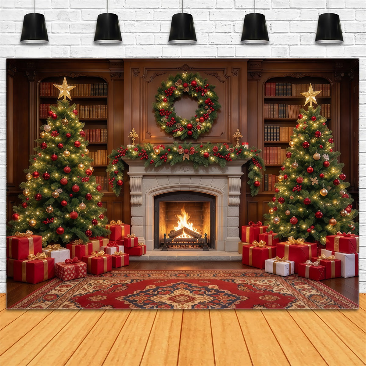 Christmas Backdrops for Photography Twin Trees Festive Fireplace Christmas Fireplace Backdrop UK GQ610-51