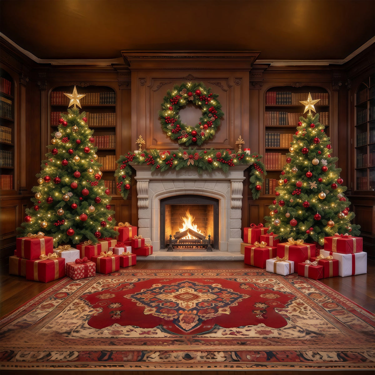 Christmas Backdrops for Photography Twin Trees Festive Fireplace Christmas Fireplace Backdrop UK GQ610-51