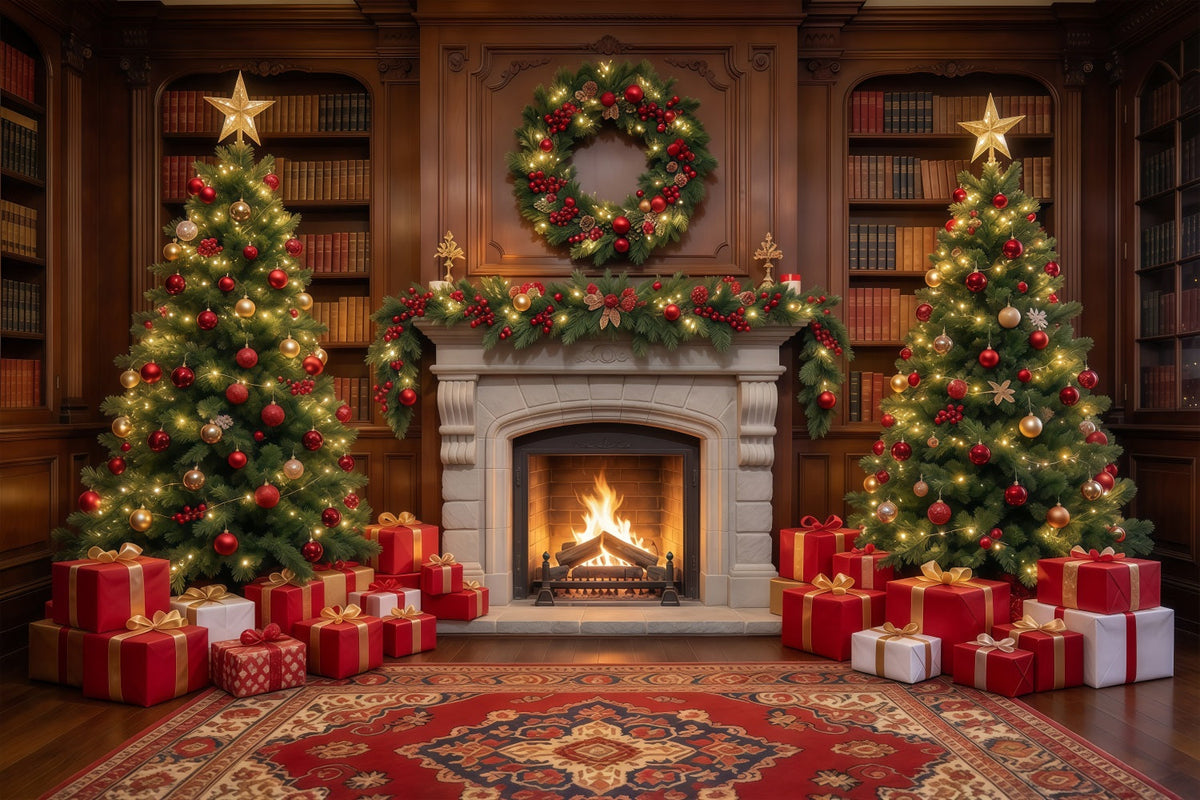 Christmas Backdrops for Photography Twin Trees Festive Fireplace Christmas Fireplace Backdrop UK GQ610-51