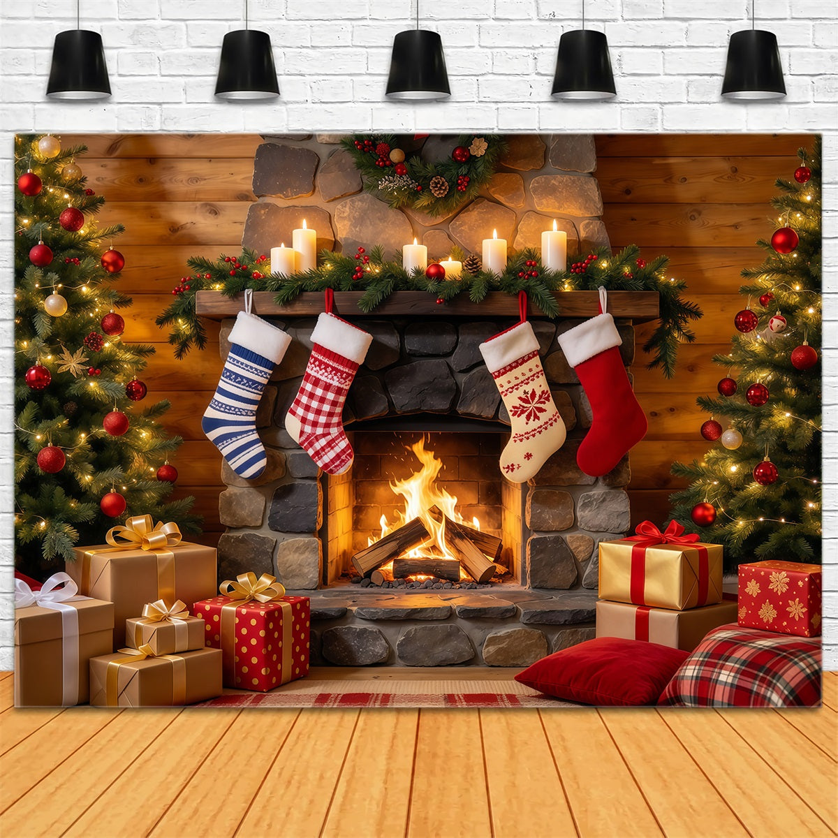 Christmas Fireplace Backdrop Rustic Fireplace Stocking Display Christmas Backdrop for Photography UK GQ610-54