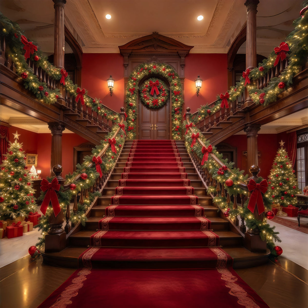 Christmas Scene Backdrop Garland Red Carpet Staircase Christmas Staircase Backdrop UK GQ610-55