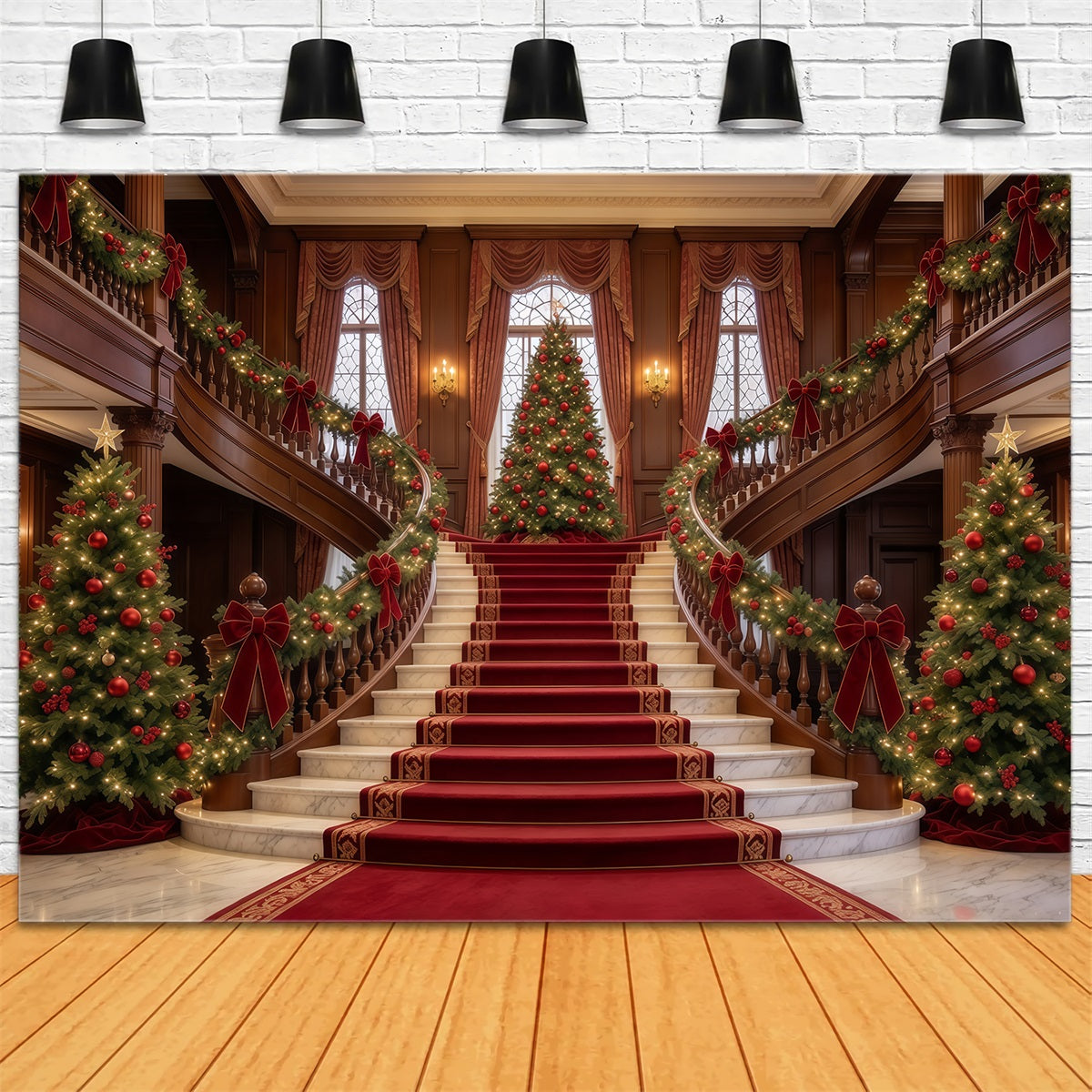 Living Room Christmas Backdrop Grand Christmas Staircase Tree Christmas Wall Backdrop UK GQ610-58