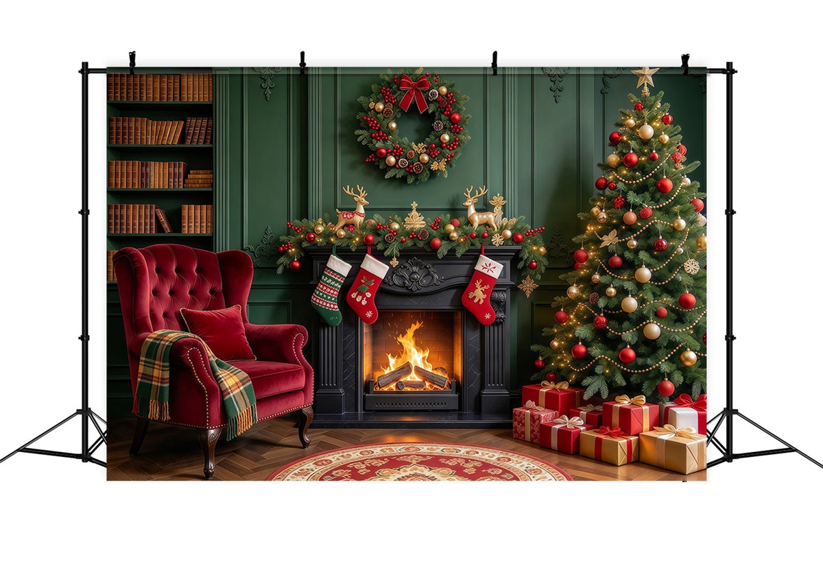 Christmas Fireplace Backdrops Emerald Fireplace Stocking Lounge Christmas Scene Backdrop UK GQ610-60