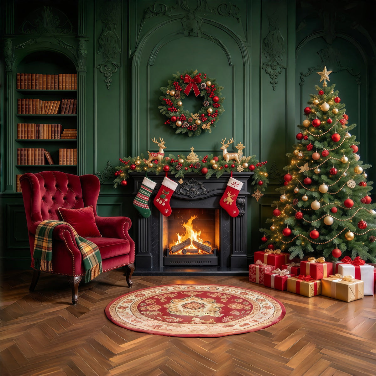 Christmas Fireplace Backdrops Emerald Fireplace Stocking Lounge Christmas Scene Backdrop UK GQ610-60