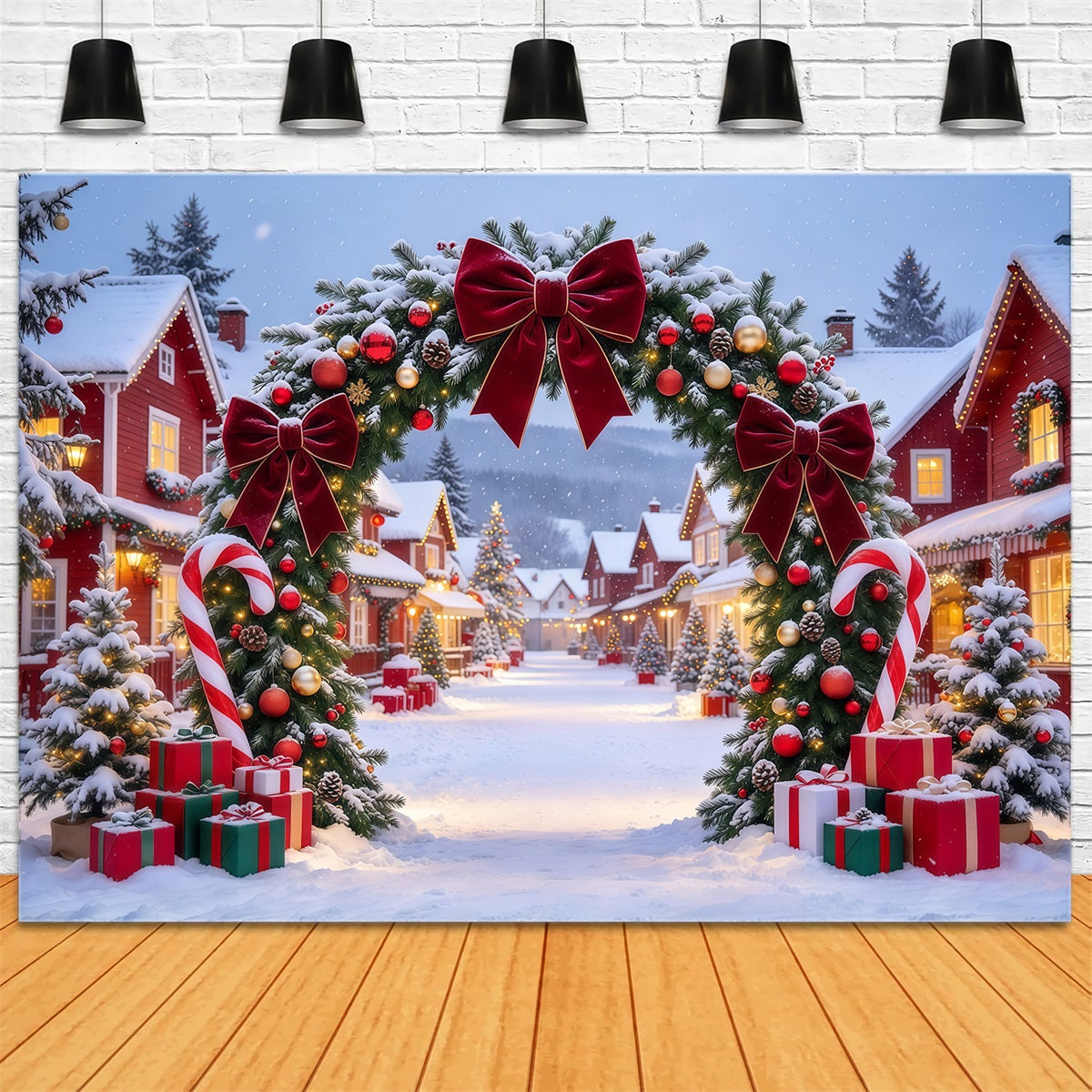Christmas Village Backdrops Burgundy Bow Candy Cane Arch Christmas Themed Backdrops UK GQ610-62